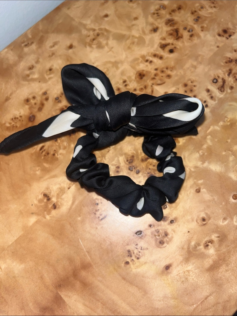 Silky black and white polka dot ribbon bow Hair scrunchy Scrunchie